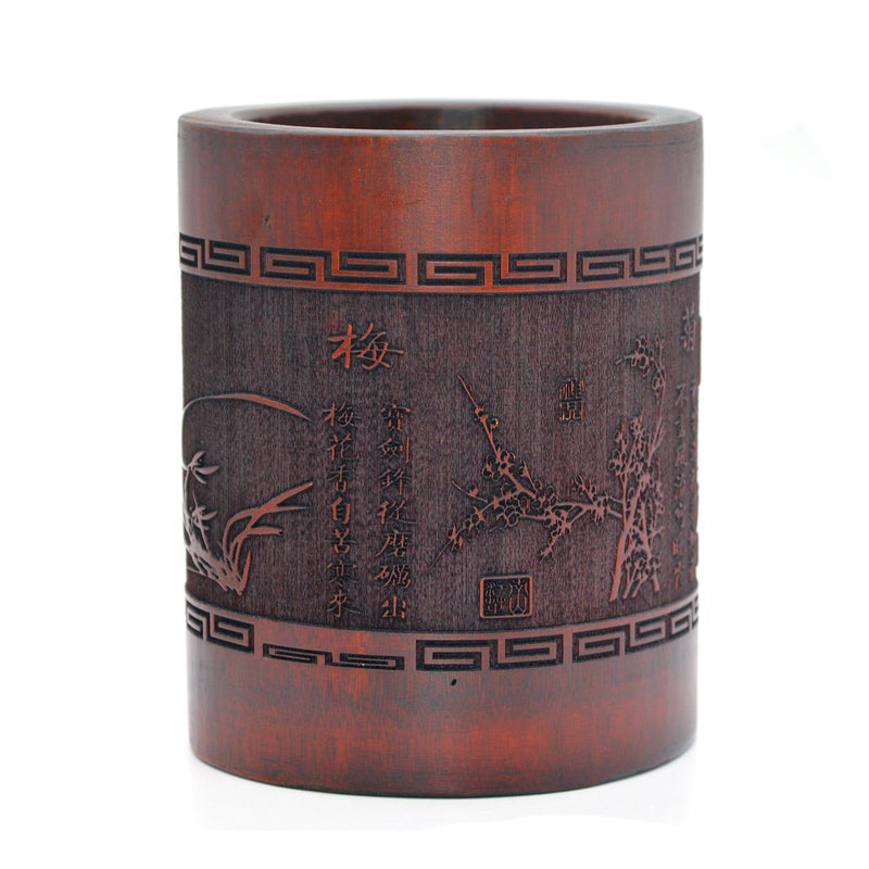 Medifier Vintage Chinese Bamboo Wood Desk Pen Pencil Cup Holder (plum blossoms, orchid, bamboo and chrysanthemum) - Image 1